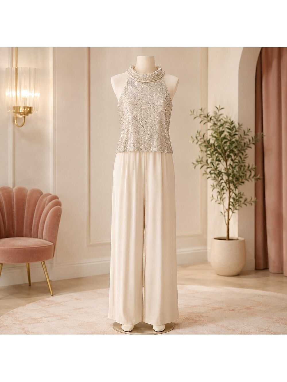 Silver Sequin Halter Cream Wide Leg Jumpsuit Formal Party Size 4